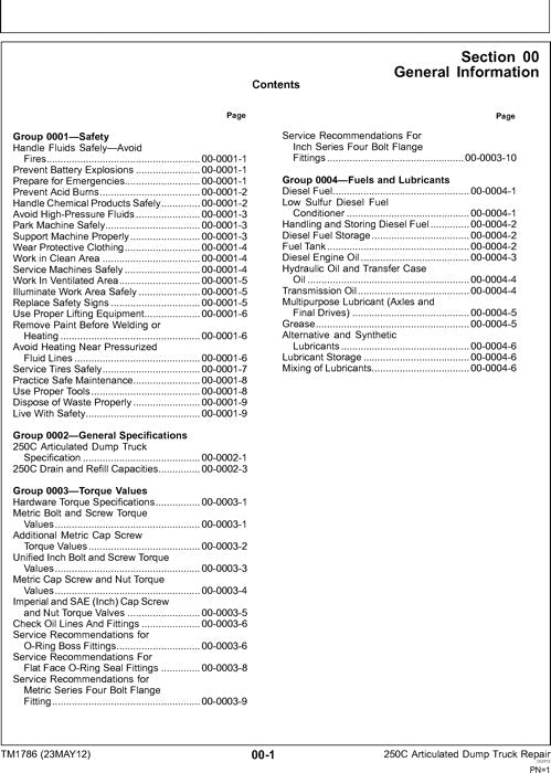 JOHN DEERE 250C DUMP TRUCK REPAIR SERVICE MANUAL