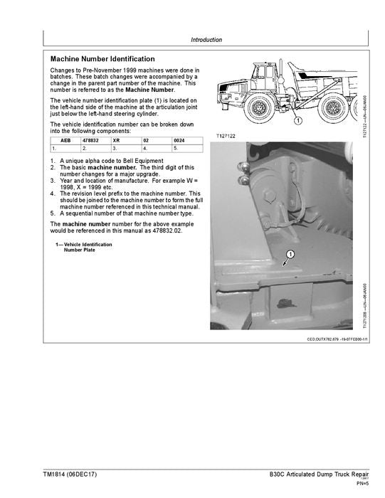 JOHN DEERE BELL B30C DUMP TRUCK REPAIR SERVICE MANUAL