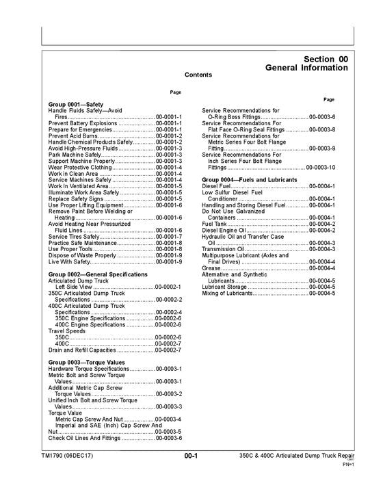 JOHN DEERE 350C 400C DUMP TRUCK REPAIR SERVICE MANUAL