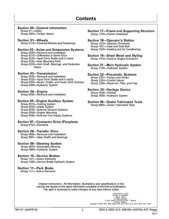 JOHN DEERE 250D 300D MULDENKIPPER REPARATUR-SERVICEHANDBUCH Nr. 1