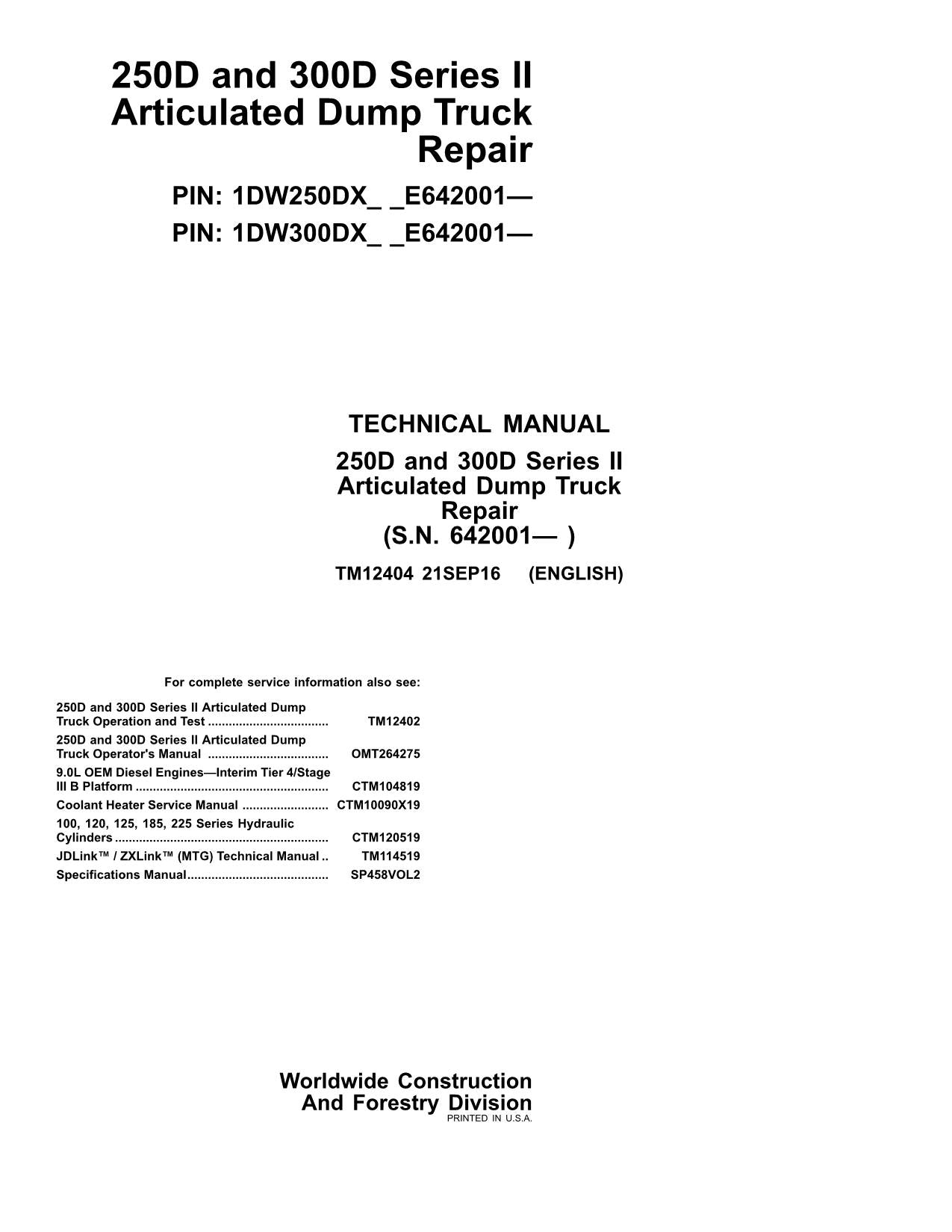 JOHN DEERE 250D 300D SERIE II MULDENKIPPER REPARATUR-SERVICEHANDBUCH Nr. 1