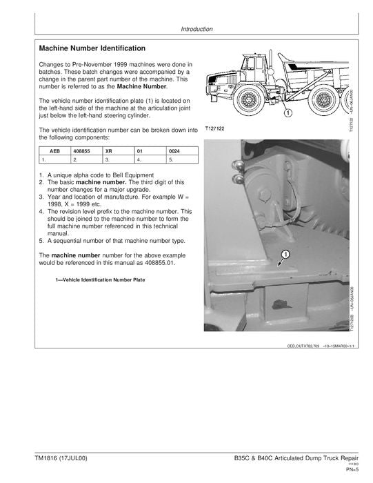 JOHN DEERE BELL B35C B40C DUMP TRUCK REPAIR SERVICE TECHNICAL MANUAL TM1816