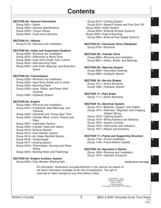 JOHN DEERE BELL B35C B40C DUMP TRUCK REPAIR SERVICE TECHNICAL MANUAL TM1816