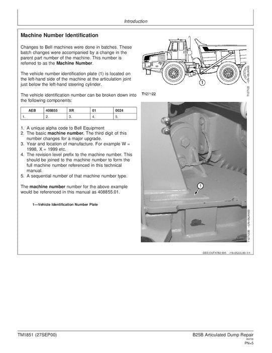 JOHN DEERE BELL B25B DUMP TRUCK REPAIR SERVICE MANUAL