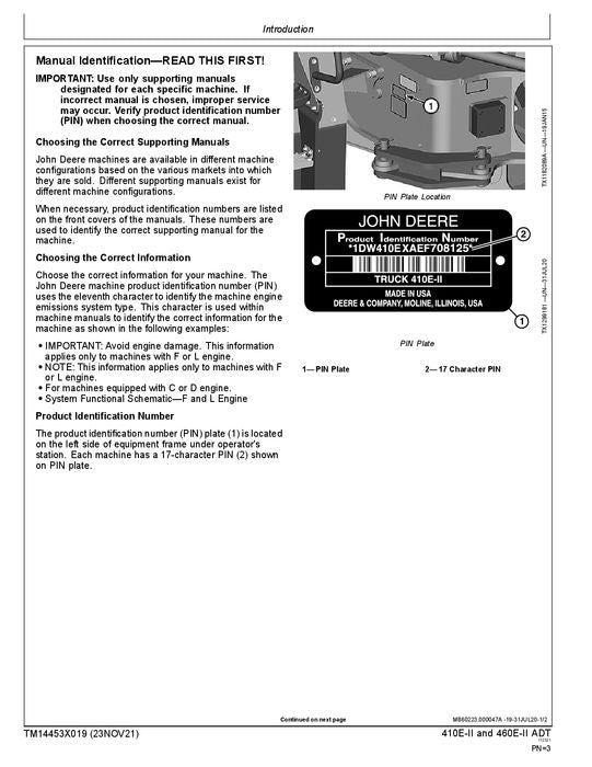 JOHN DEERE 410E II 460E II DUMP TRUCK REPAIR SERVICE TECHNICAL MANUAL TM14453