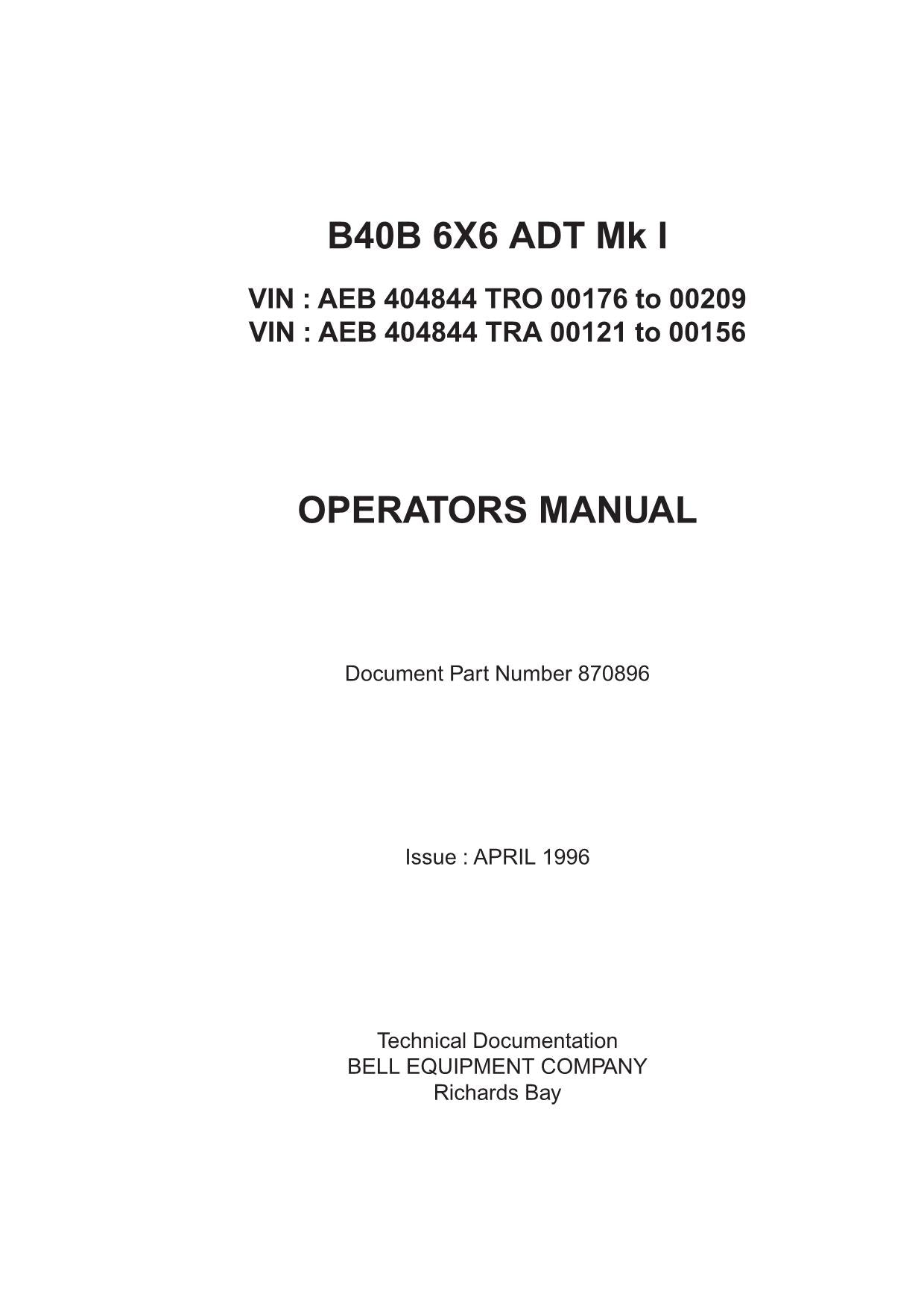 JOHN DEERE BELL B40B DUMP TRUCK MAINTENANCE OPERATORS MANUAL #1