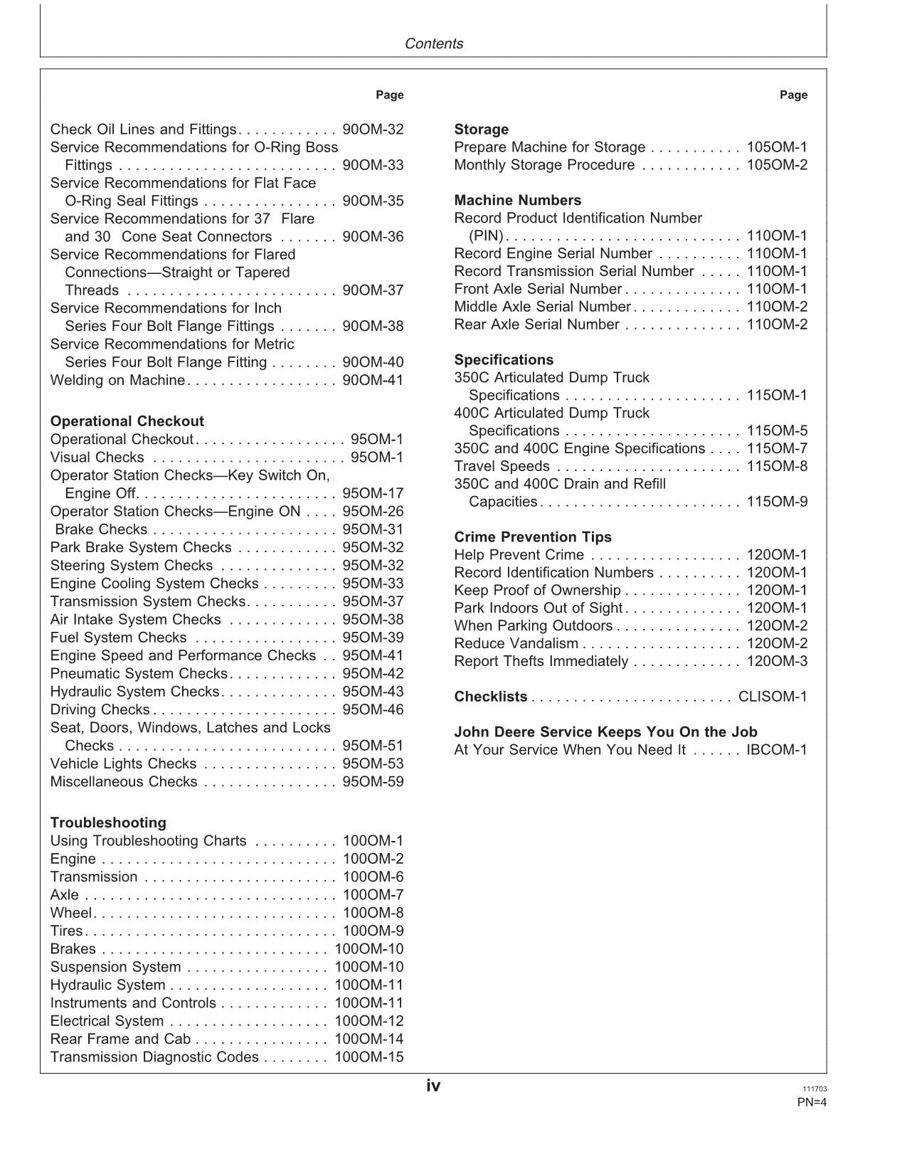 JOHN DEERE 350C 400C DUMP TRUCK MAINTENANCE OPERATORS MANUAL