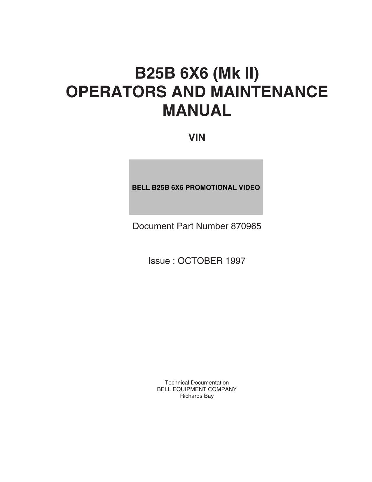 JOHN DEERE BELL B25B DUMP TRUCK MAINTENANCE OPERATORS MANUAL