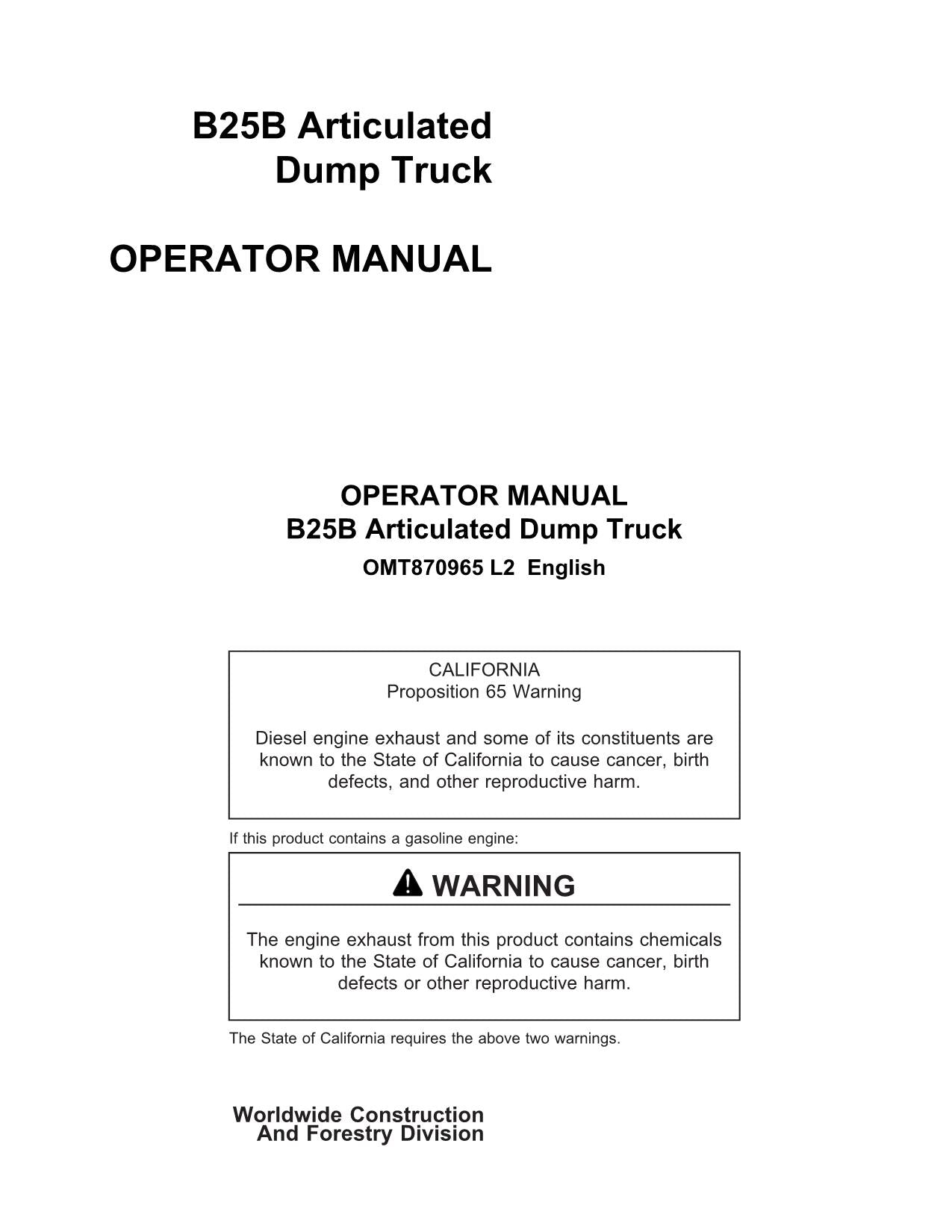 JOHN DEERE BELL B25B DUMP TRUCK MAINTENANCE OPERATORS MANUAL