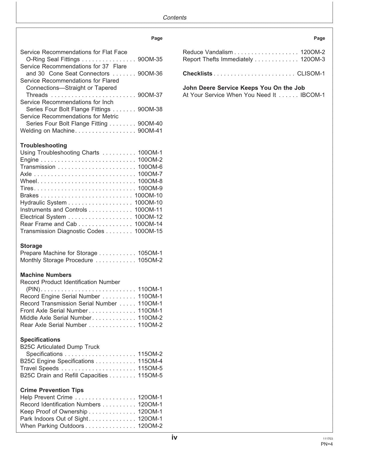 JOHN DEERE BELL B25C DUMP TRUCK MAINTENANCE OPERATORS MANUAL