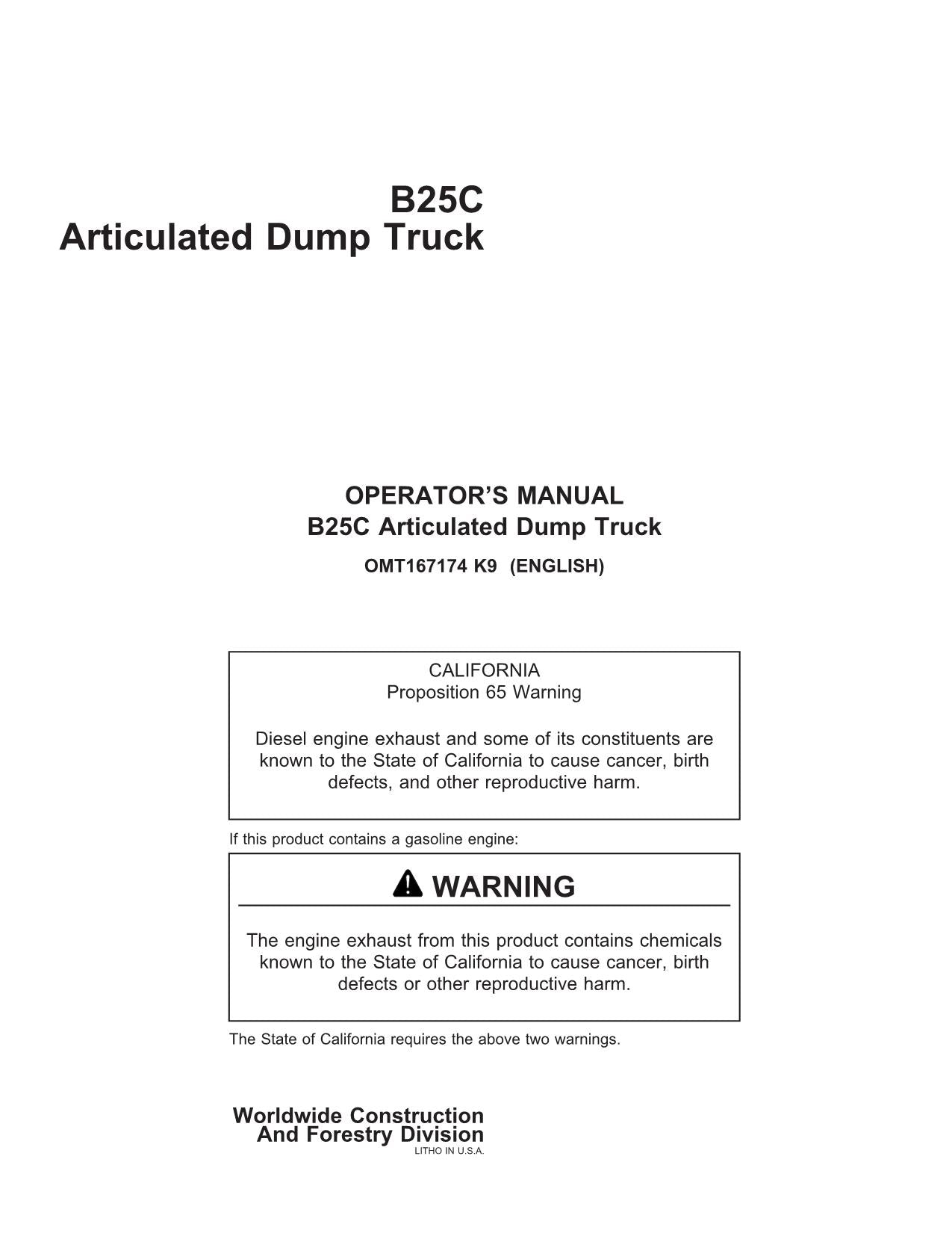 JOHN DEERE BELL B25C DUMP TRUCK MAINTENANCE OPERATORS MANUAL