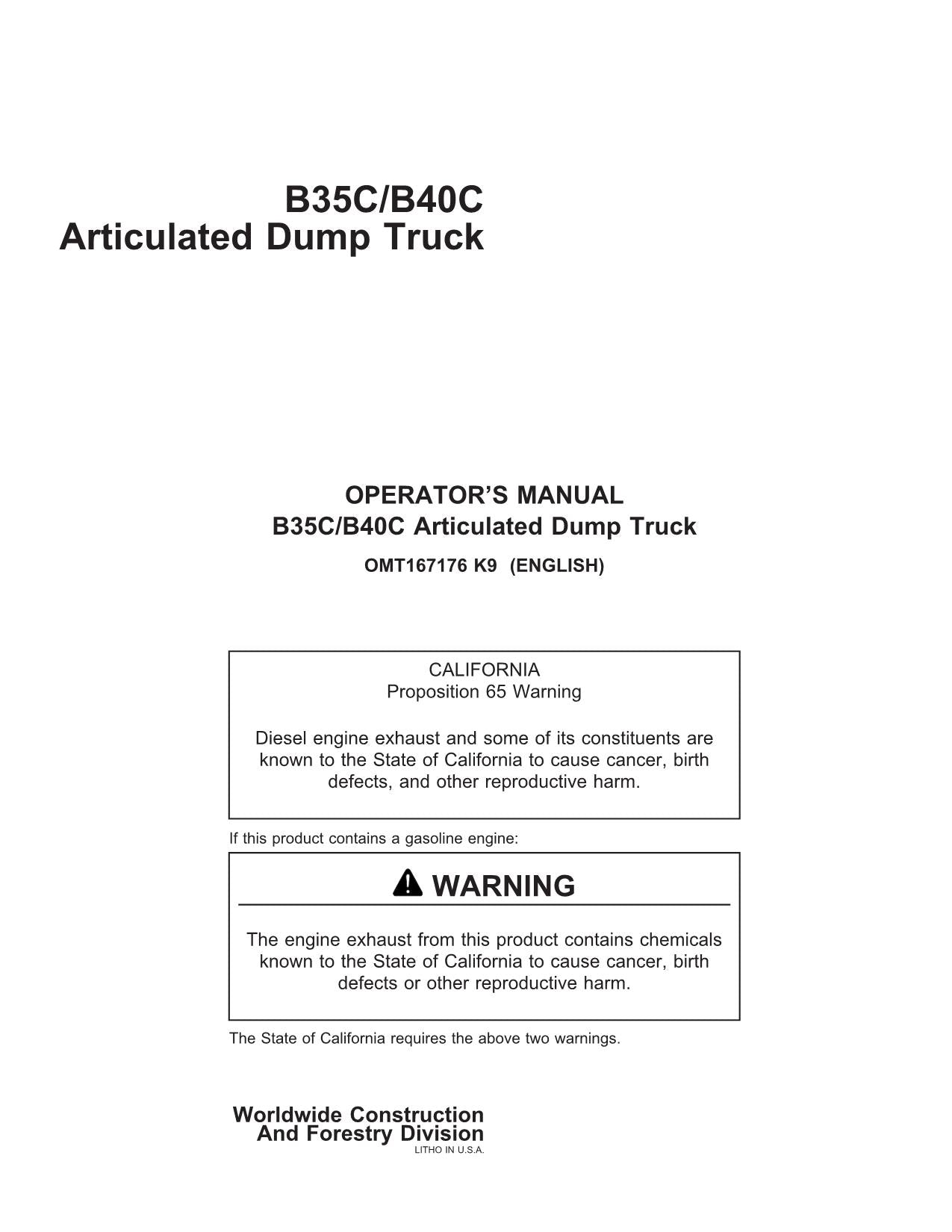 JOHN DEERE BELL B35C B40C DUMP TRUCK MAINTENANCE OPERATORS MANUAL