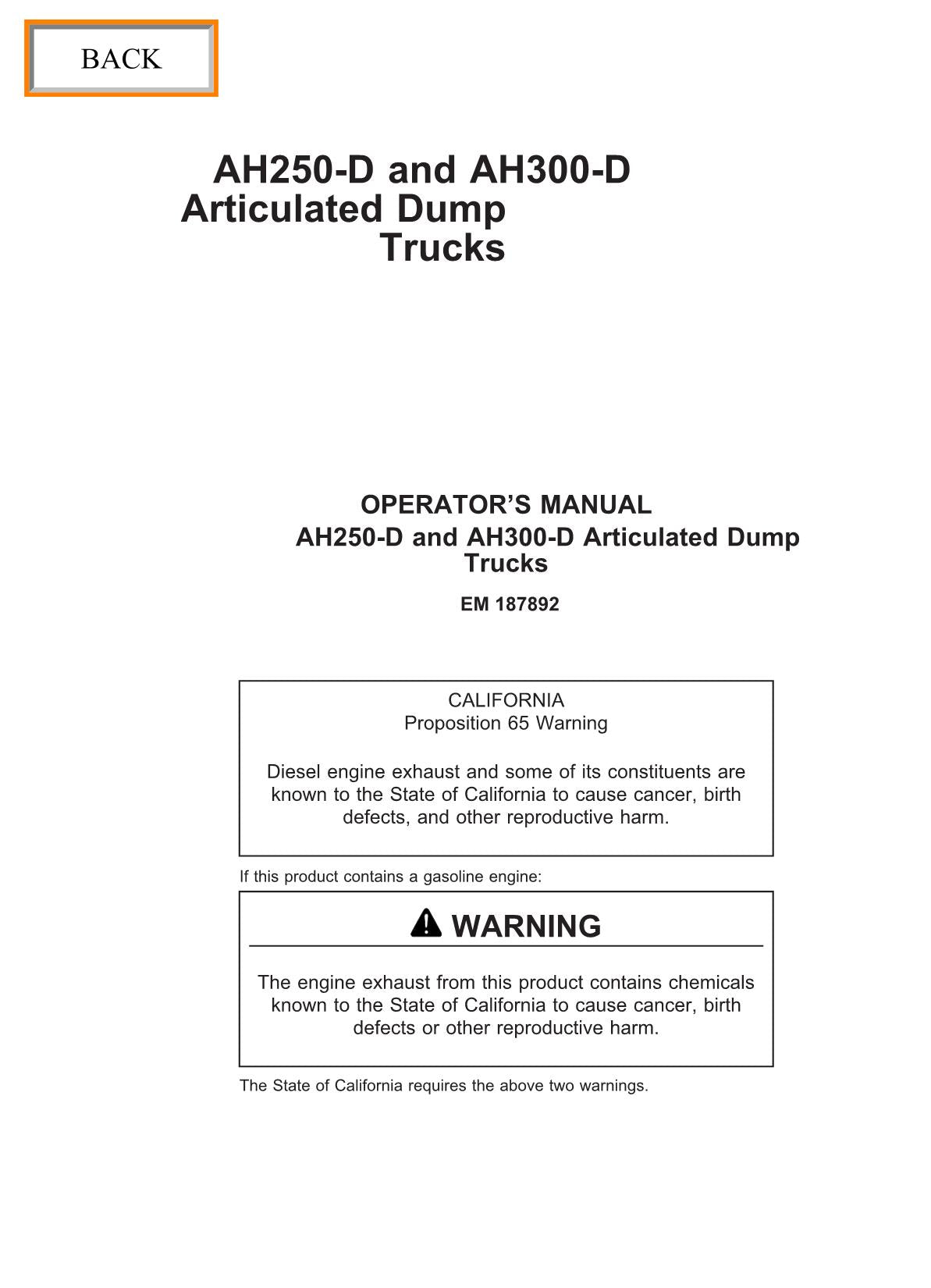 HITACHI AH250 AH300D DUMP TRUCK MAINTENANCE OPERATORS MANUAL