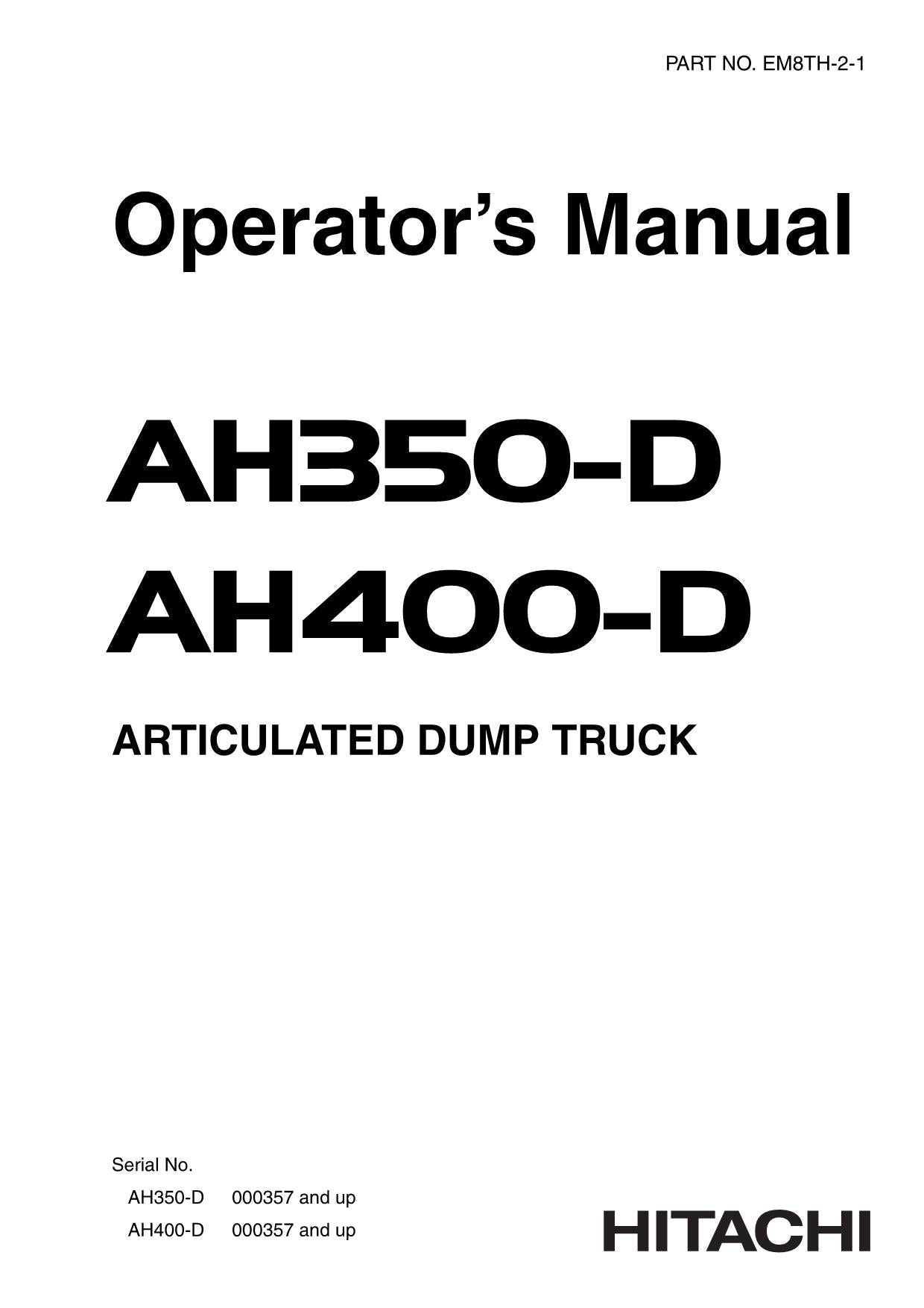 HITACHI AH350D AH400D DUMP TRUCK MAINTENANCE OPERATORS MANUAL