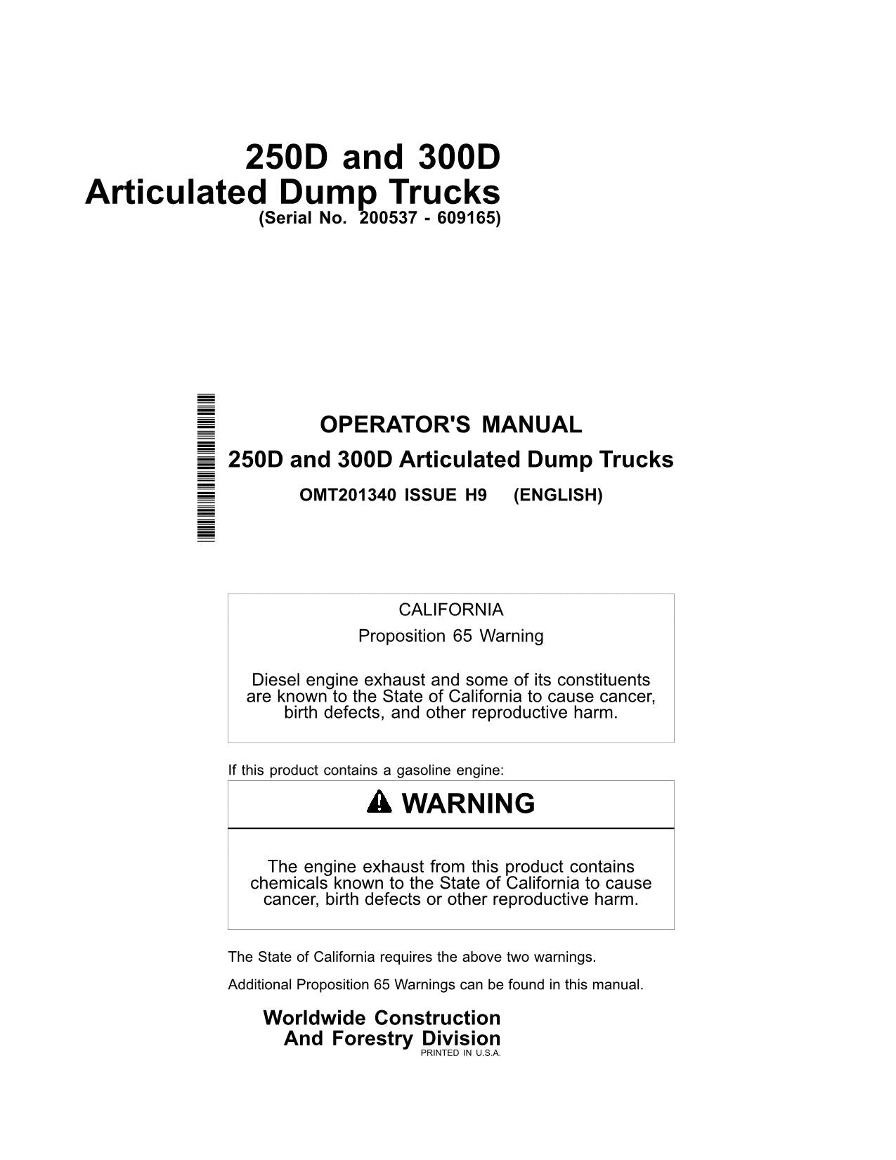 JOHN DEERE 250D 300D DUMP TRUCK MAINTENANCE OPERATORS MANUAL #1