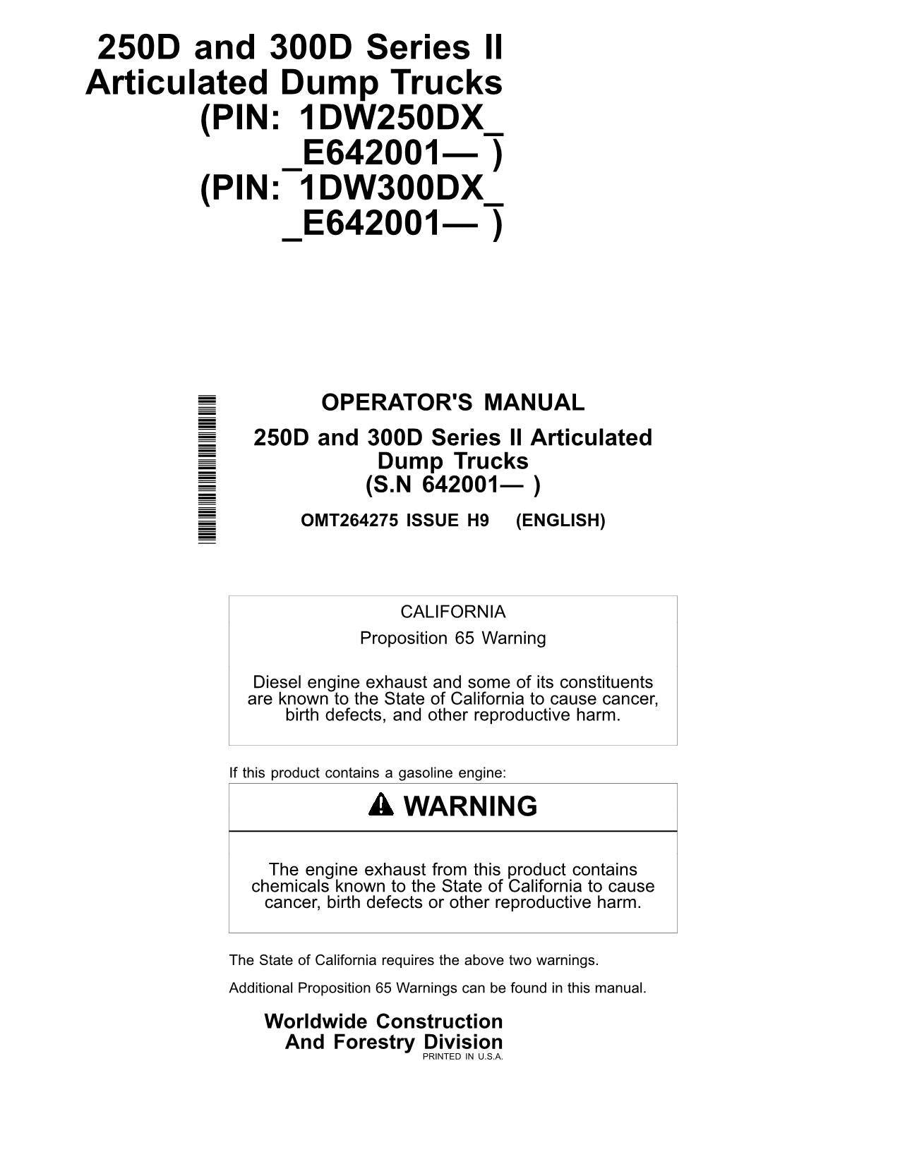 JOHN DEERE 250D SERIES II 300D SERIES II DUMP TRUCK OPERATORS MANUAL