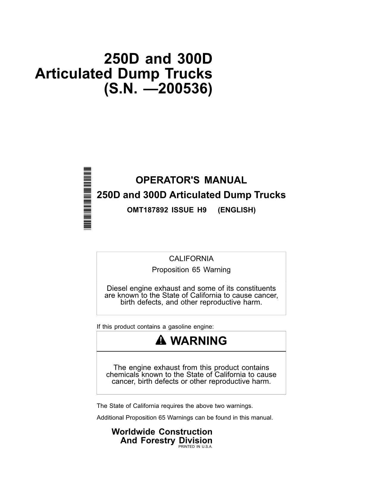 JOHN DEERE 250D 300D MULDENKIPPER WARTUNGS-BETRIEBSHANDBUCH #2