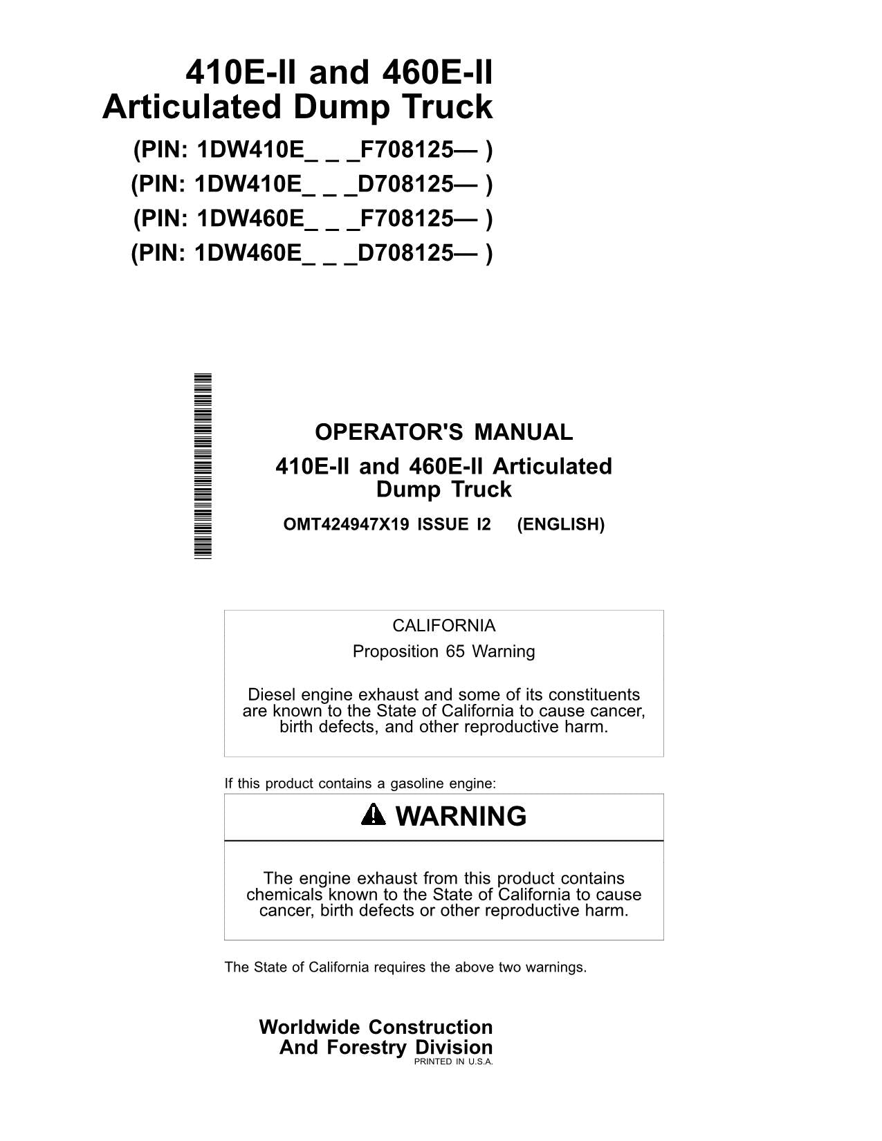 JOHN DEERE 410E II 460E II MULDENKIPPER WARTUNGS-BETRIEBSHANDBUCH