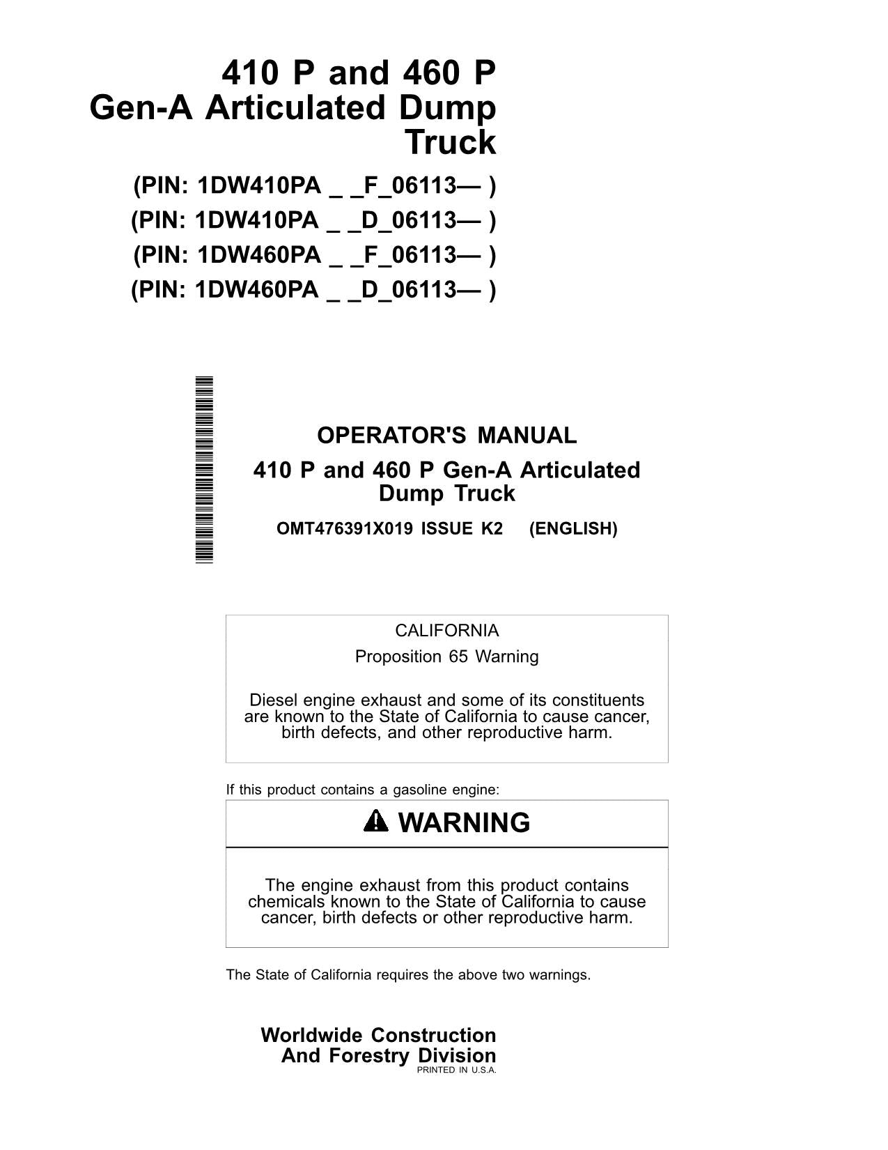 JOHN DEERE 410P 460P DUMP TRUCK OPERATORS MANUAL