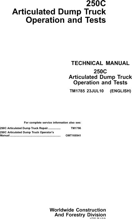 JOHN DEERE 250C DUMP TRUCK OPERATION TEST SERVICE MANUAL