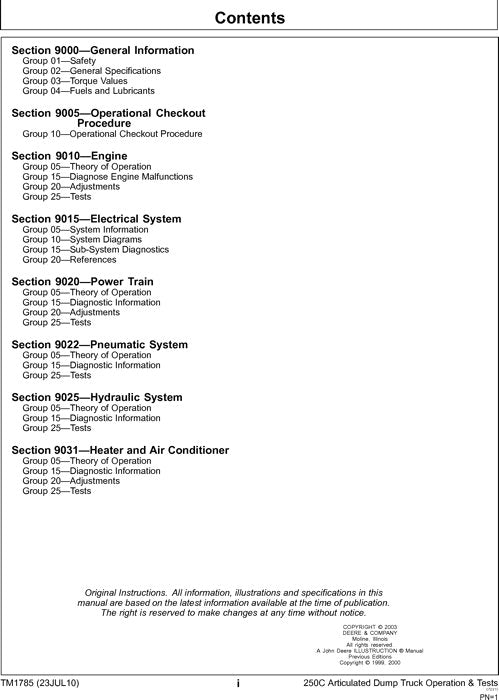 JOHN DEERE 250C Muldenkipper - Betriebstest-Servicehandbuch