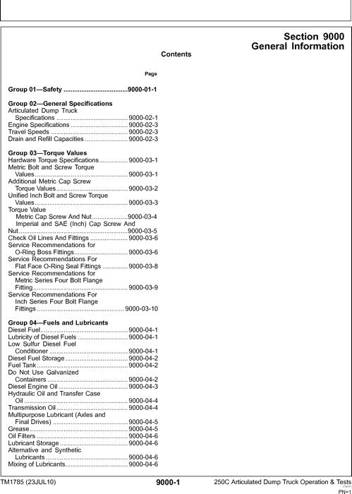 JOHN DEERE 250C DUMP TRUCK OPERATION TEST SERVICE MANUAL