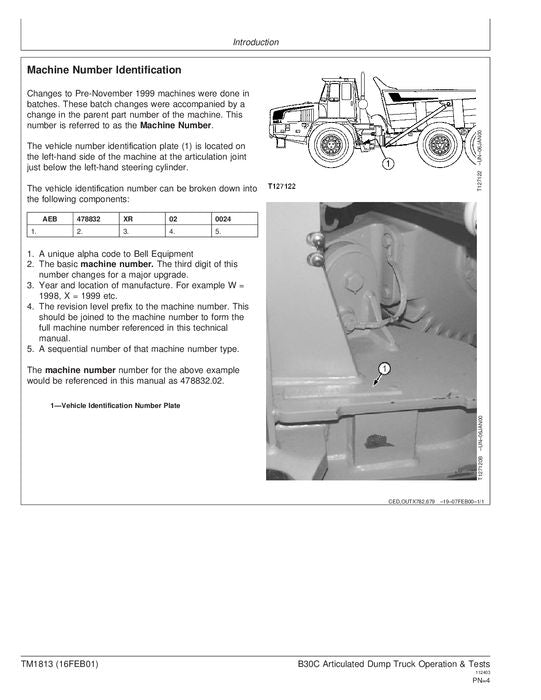 JOHN DEERE BELL B30C DUMP TRUCK OPERATION TEST SERVICE MANUAL