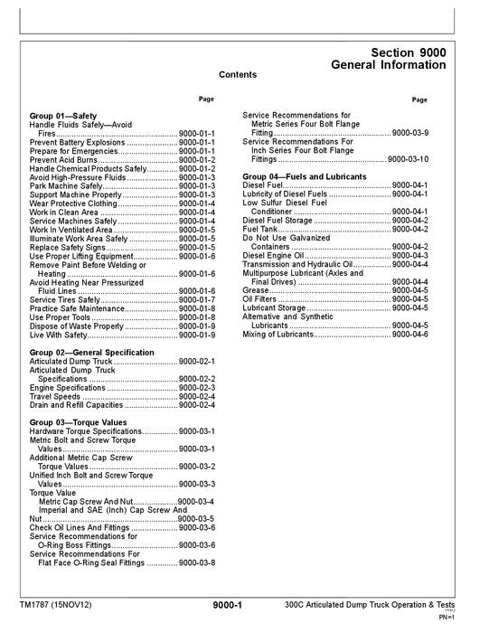 JOHN DEERE 300C DUMP TRUCK OPERATION TEST SERVICE TECHNICAL MANUAL TM1787