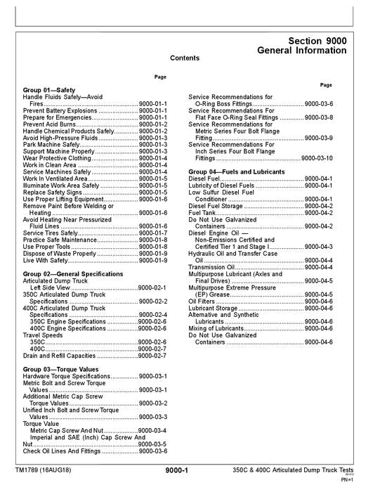 JOHN DEERE 350C 400C DUMP TRUCK OPERATION TEST SERVICE TECHNICAL MANUAL TM1789