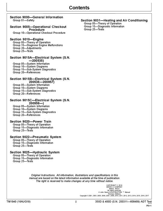 JOHN DEERE 350D 400D DUMP TRUCK OPERATION TEST SERVICE TECHNICAL MANUAL TM1940