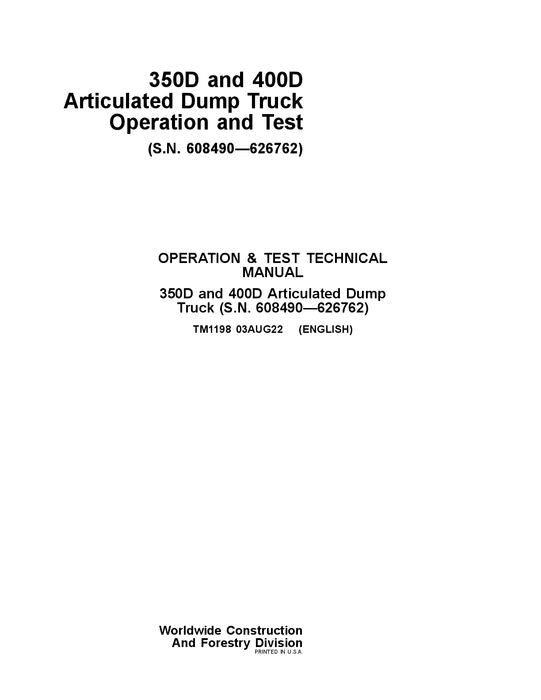 JOHN DEERE 350D 400D DUMP TRUCK OPERATION TEST SERVICE MANUAL #2