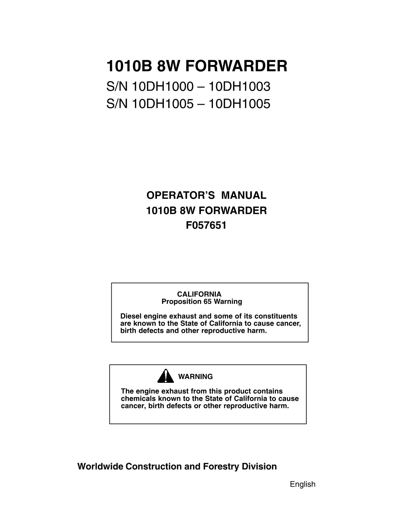 JOHN DEERE 1010B FORWARDER OPERATORS MANUAL #1