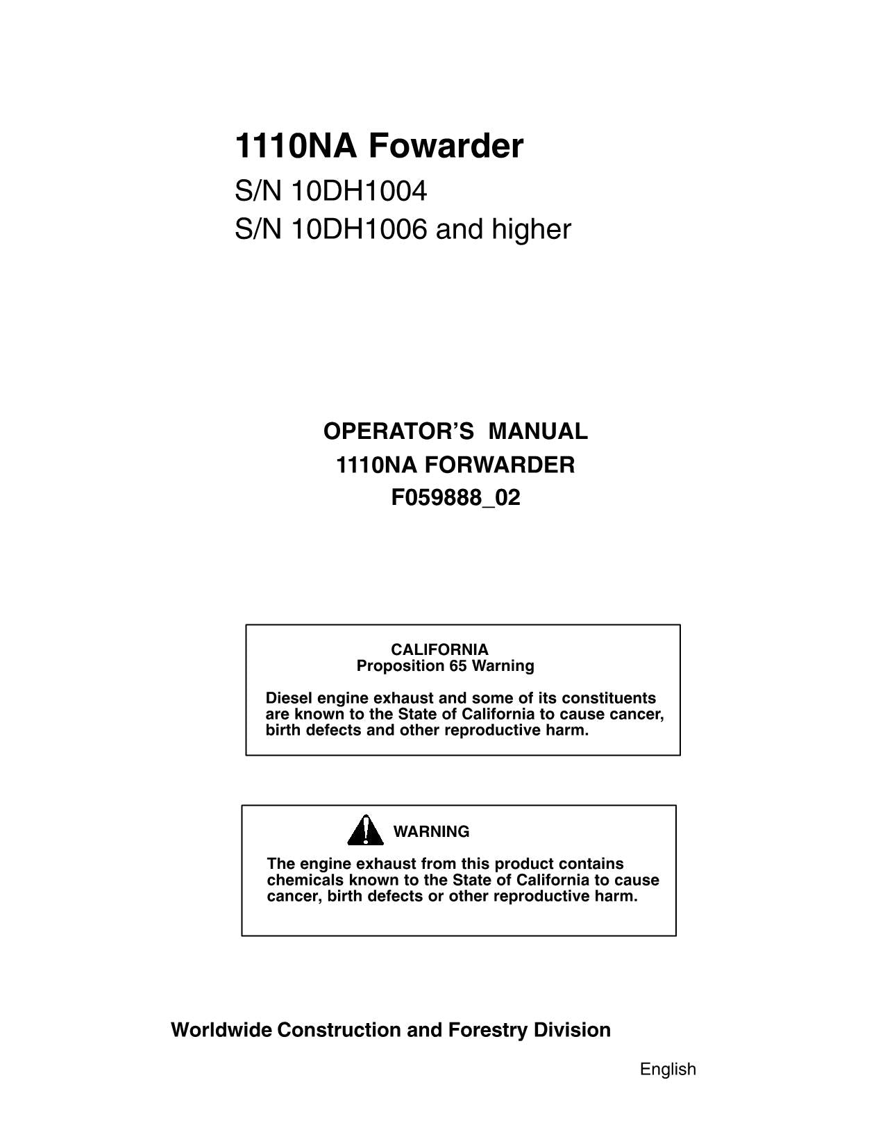 JOHN DEERE 1110NA FORWARDER-BETRIEBSHANDBUCH NR. 1