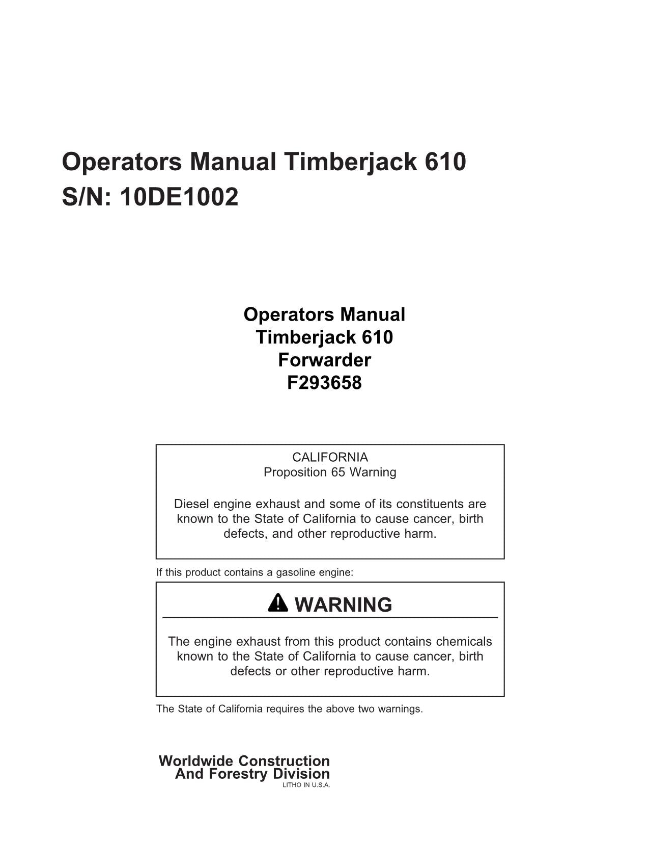 JOHN DEERE 610 FORWARDER OPERATORS MANUAL #3