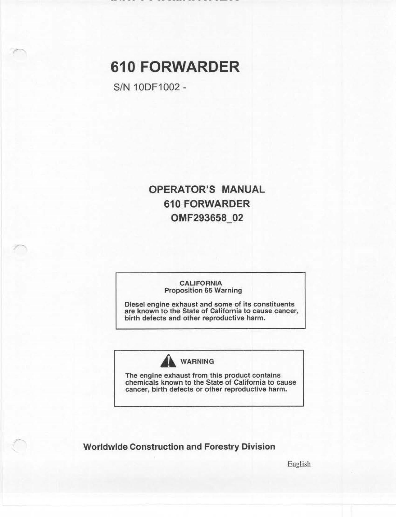 JOHN DEERE 610 FORWARDER OPERATORS MANUAL #4