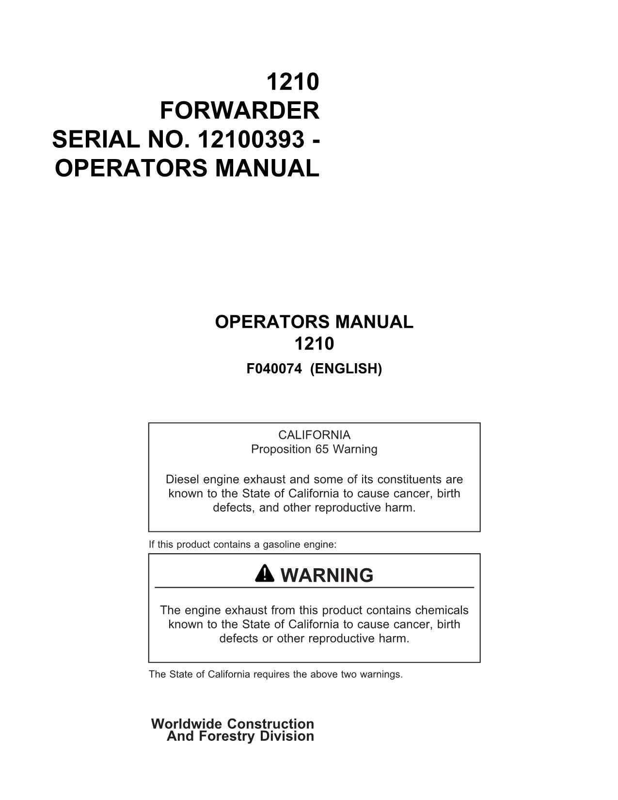 JOHN DEERE 1210 FORWARDER OPERATORS MANUAL #2