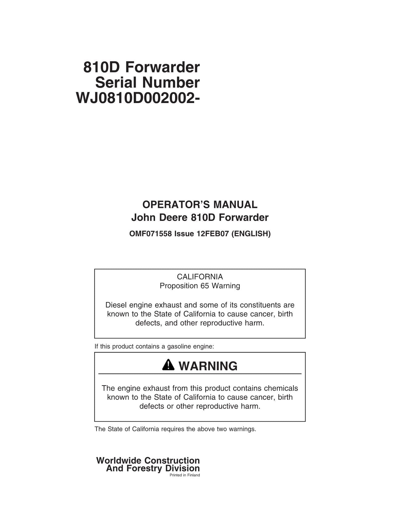 JOHN DEERE 810D FORWARDER OPERATORS MANUAL #1