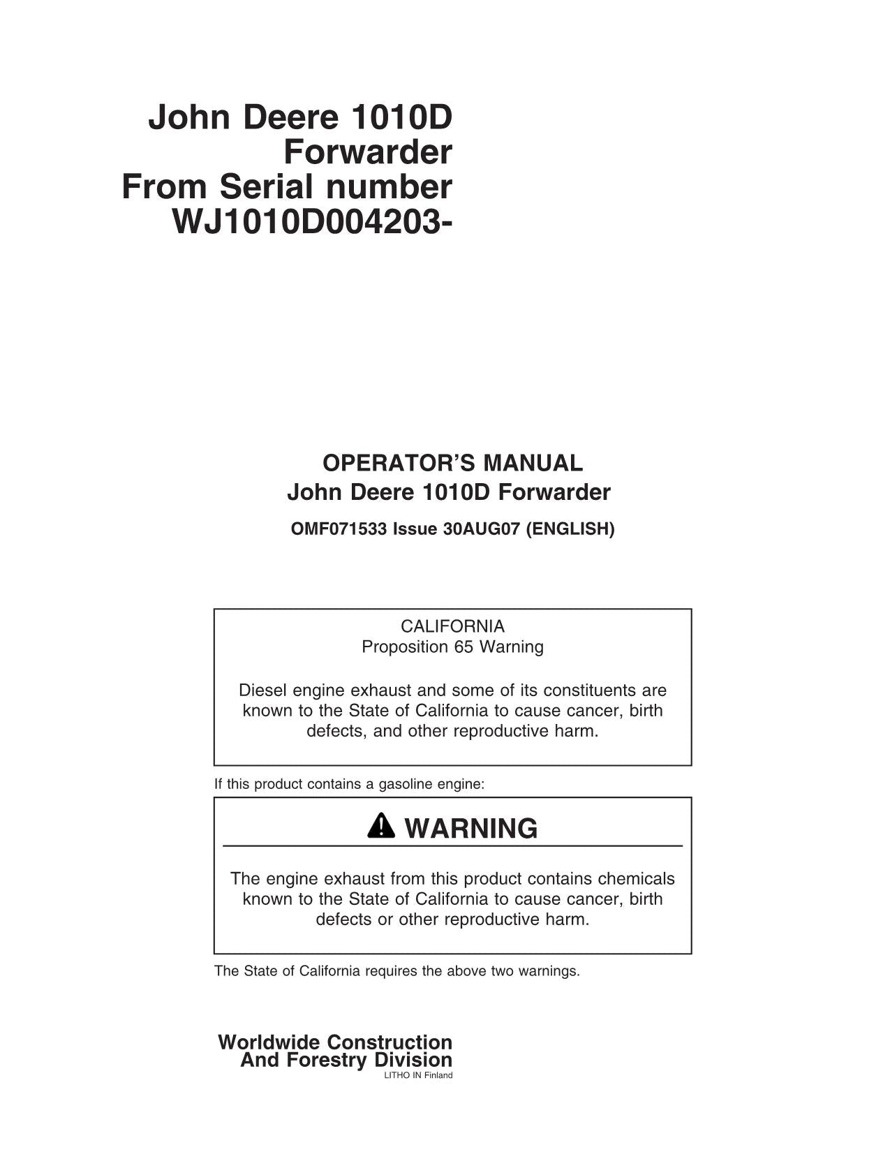 JOHN DEERE 1010D FORWARDER OPERATORS MANUAL #1