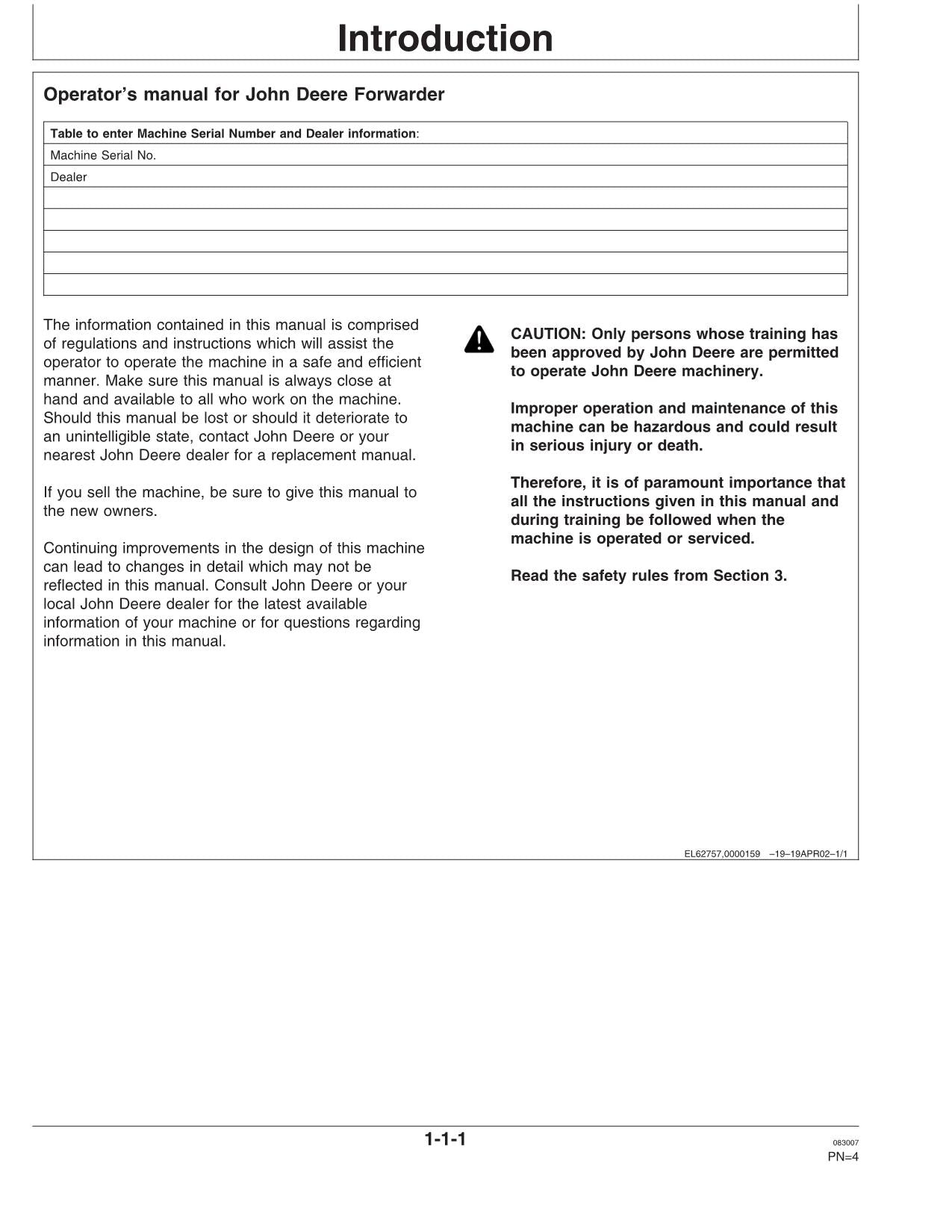 JOHN DEERE 1010D FORWARDER OPERATORS MANUAL #1