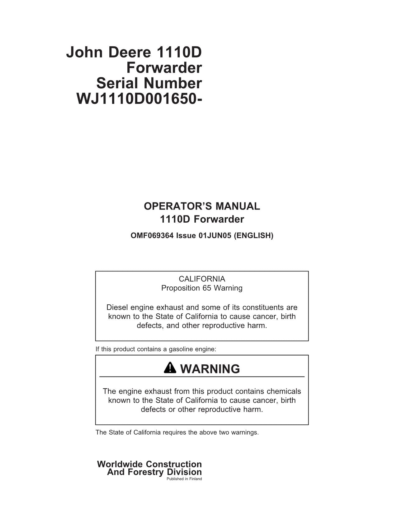 JOHN DEERE 1110D FORWARDER OPERATORS MANUAL #1