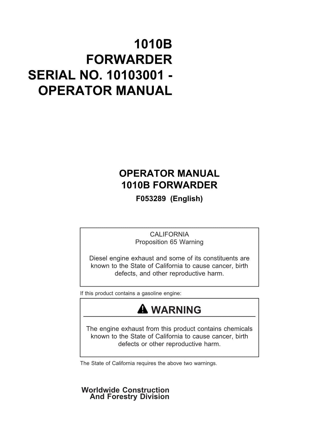 JOHN DEERE 1010B FORWARDER OPERATORS MANUAL #2