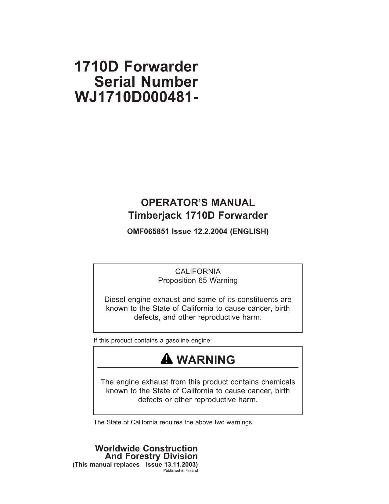 JOHN DEERE 1710D FORWARDER OPERATORS MANUAL #1