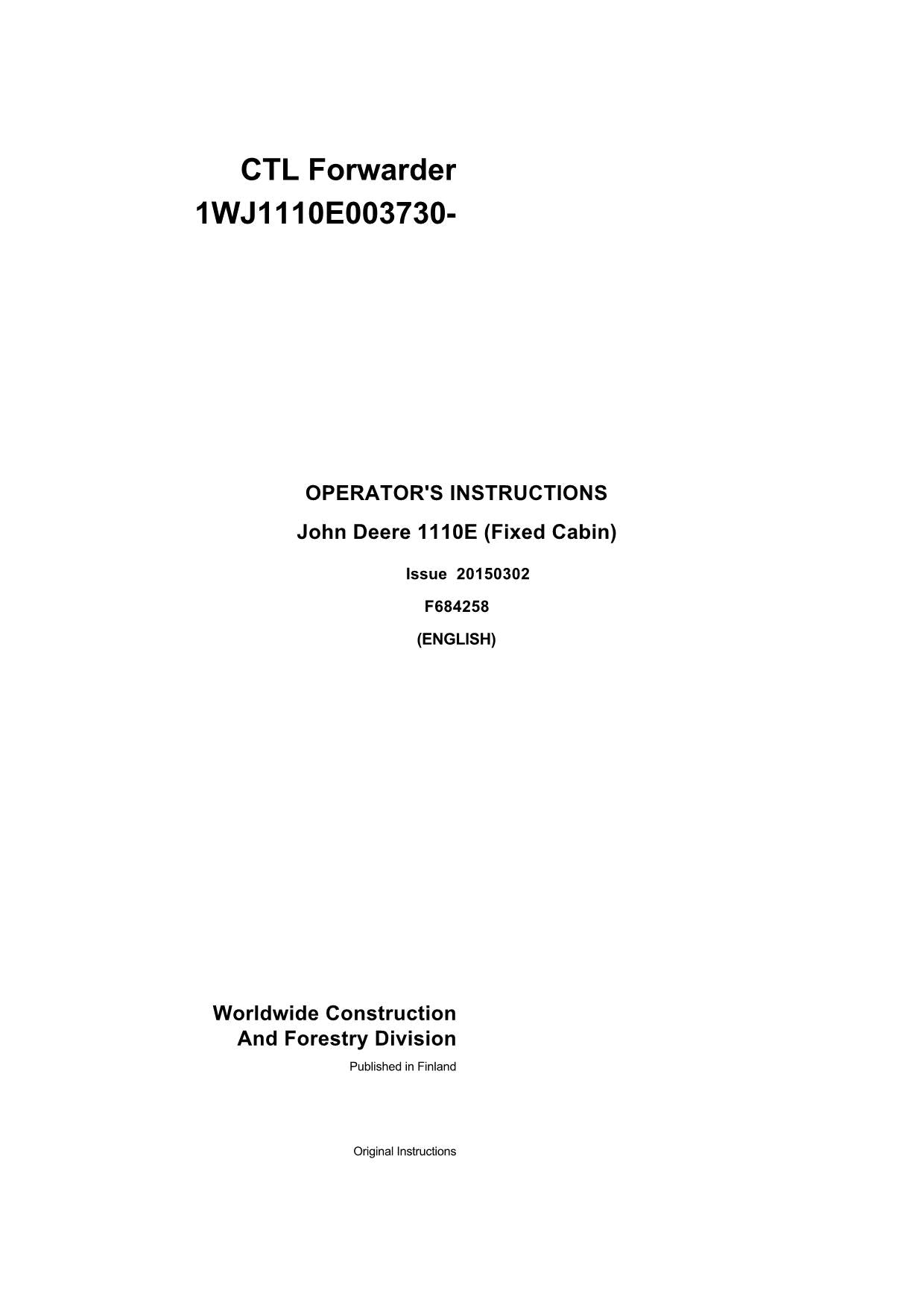 JOHN DEERE 1110E T3 FFC FORWARDER OPERATORS MANUAL