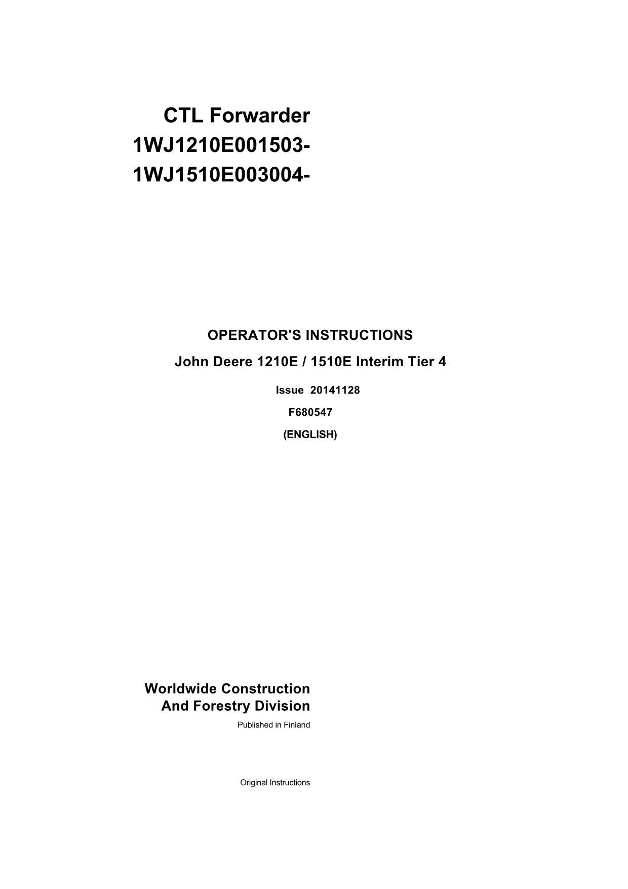 JOHN DEERE 1110E IT4 1210E IT4 1510E IT4 FORWARDER OPERATORS MANUAL