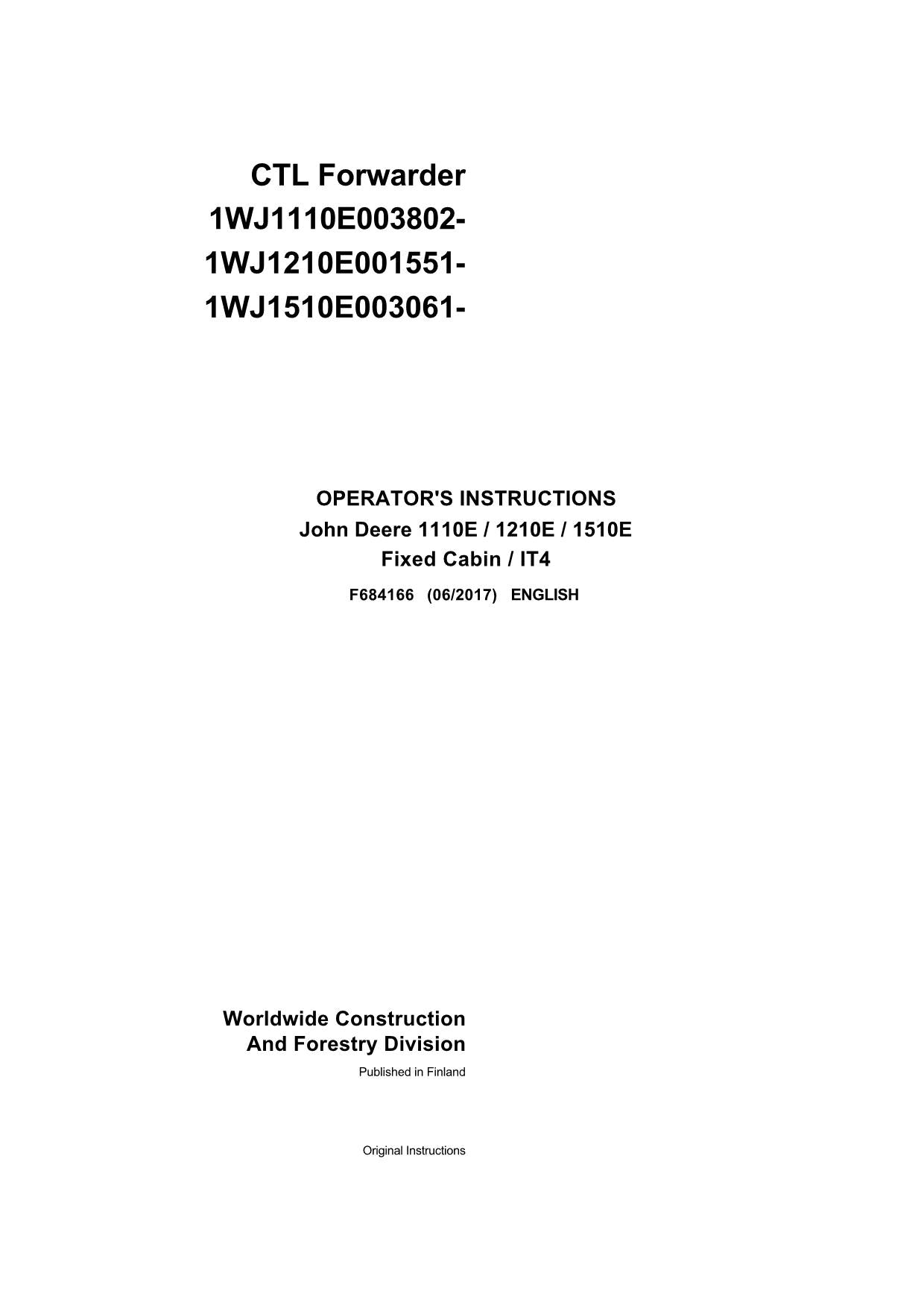 JOHN DEERE 1210E IT4 FFC 1510E IT4 FFC 1110E IT4 FFC FORWARDER OPERATORS MANUAL