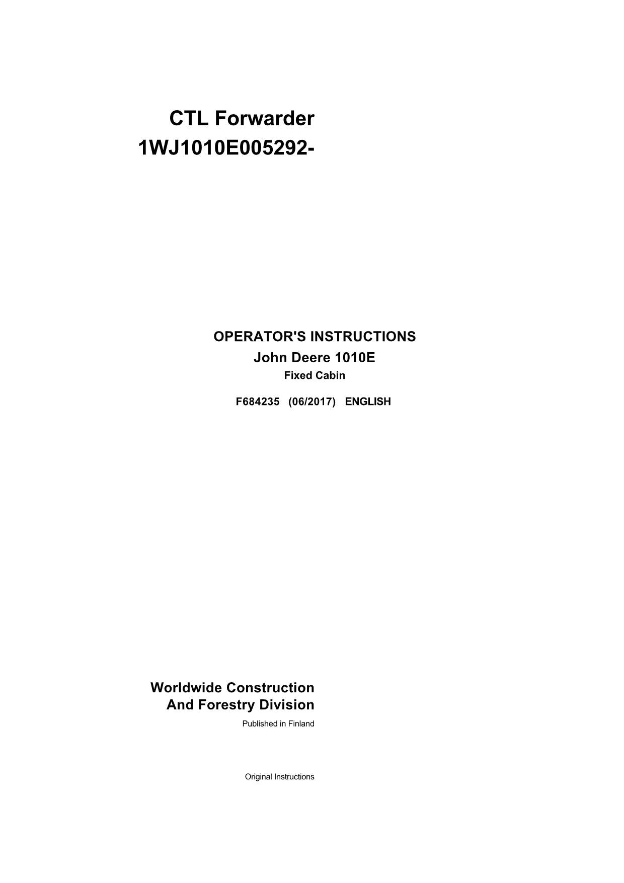 JOHN DEERE 1010E T3 FFC FORWARDER OPERATORS MANUAL