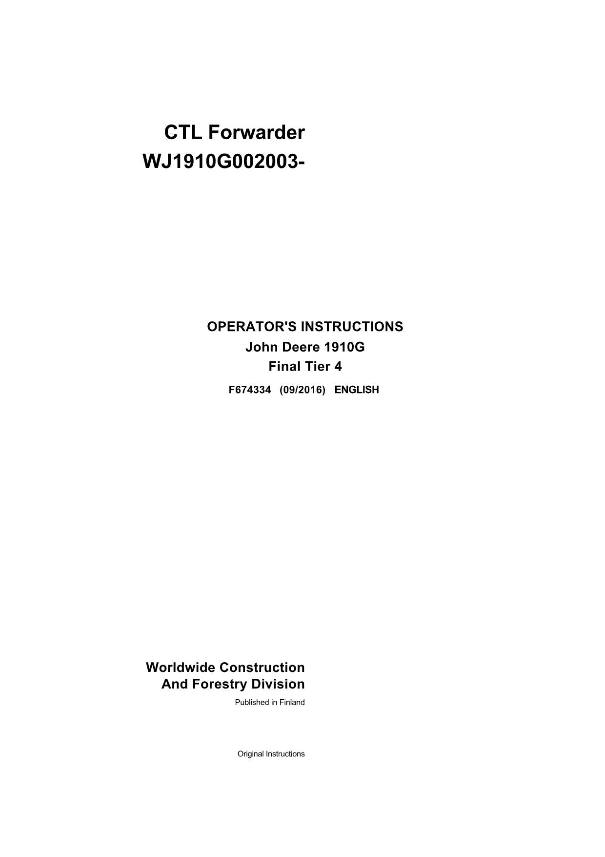 JOHN DEERE 1910G FORWARDER OPERATORS MANUAL #1