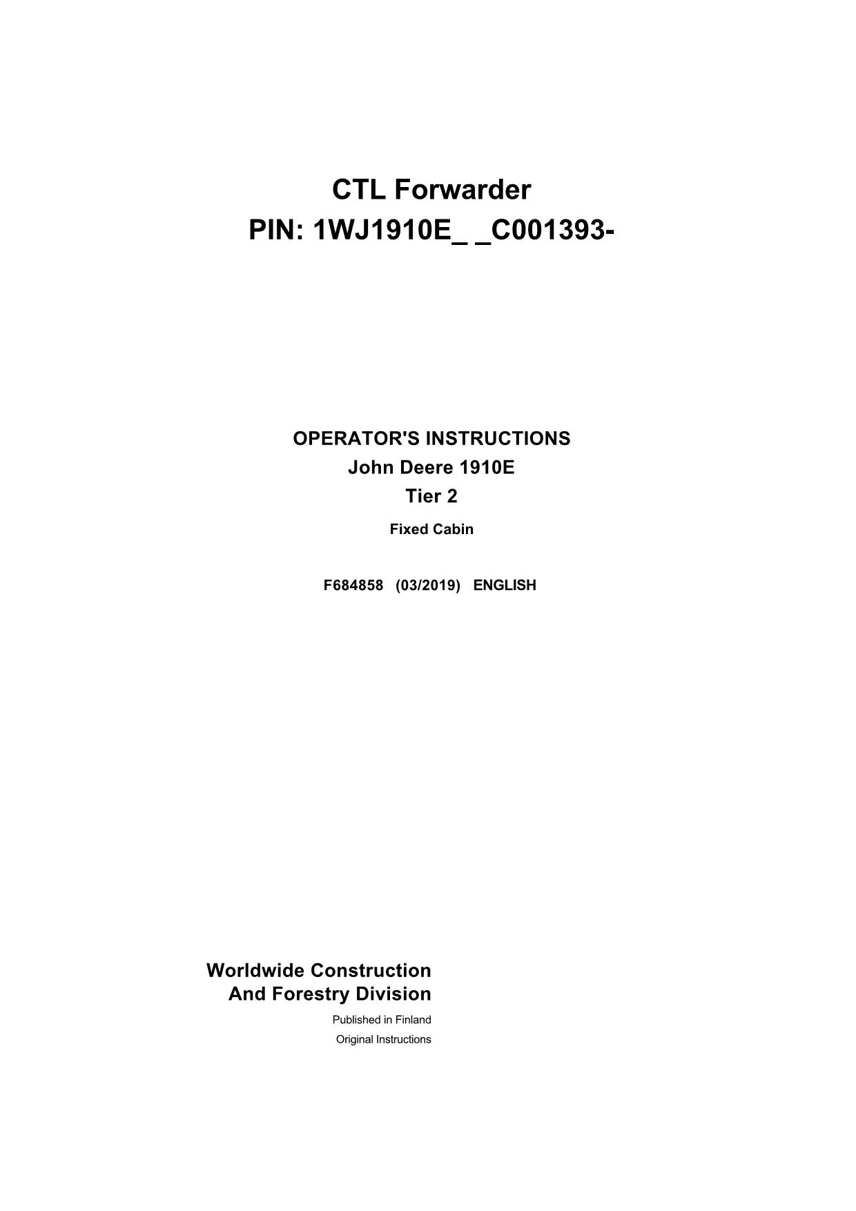 JOHN DEERE 1910E T3 FFC FORWARDER OPERATORS MANUAL F684858