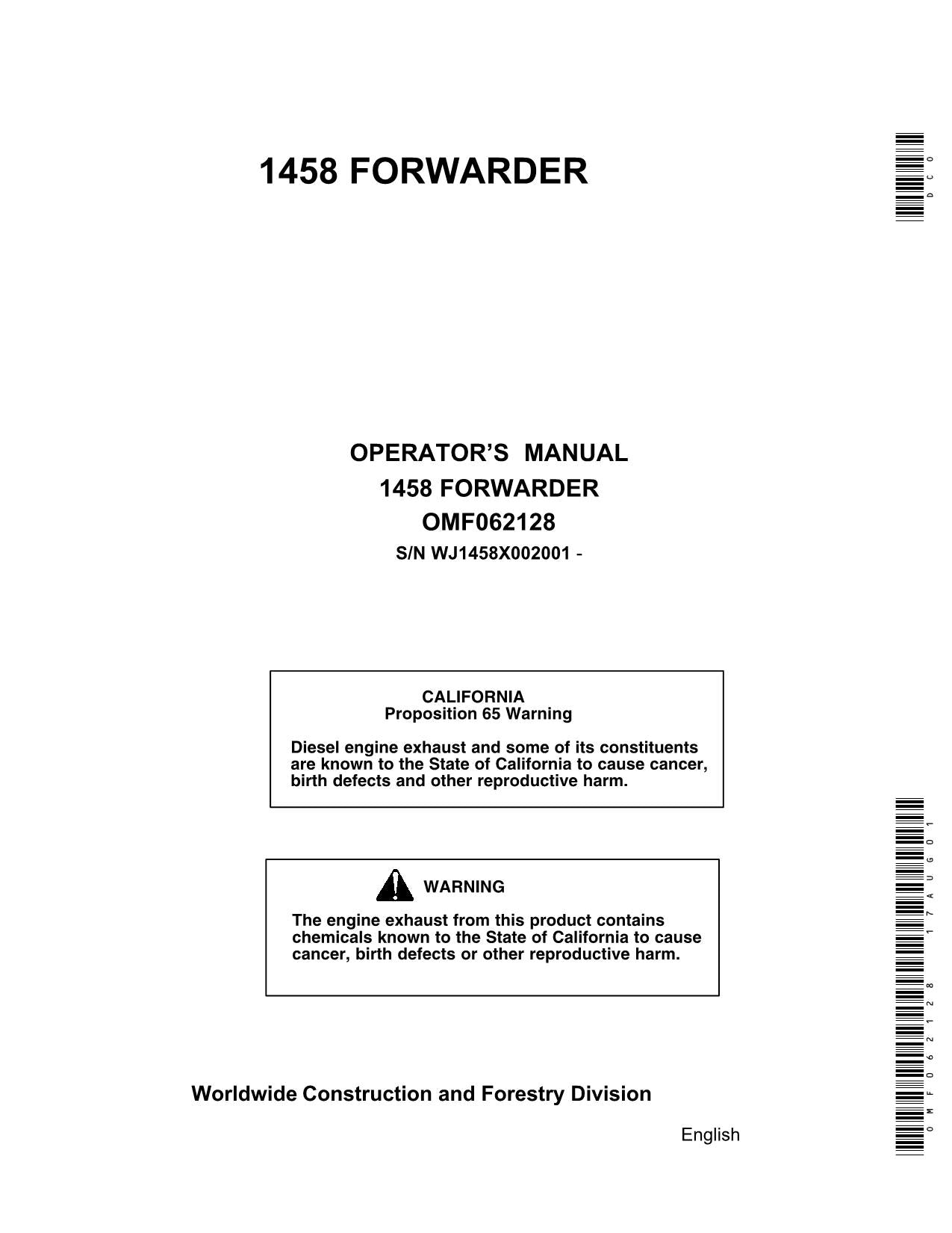 JOHN DEERE 1058 FORWARDER OPERATORS MANUAL #1