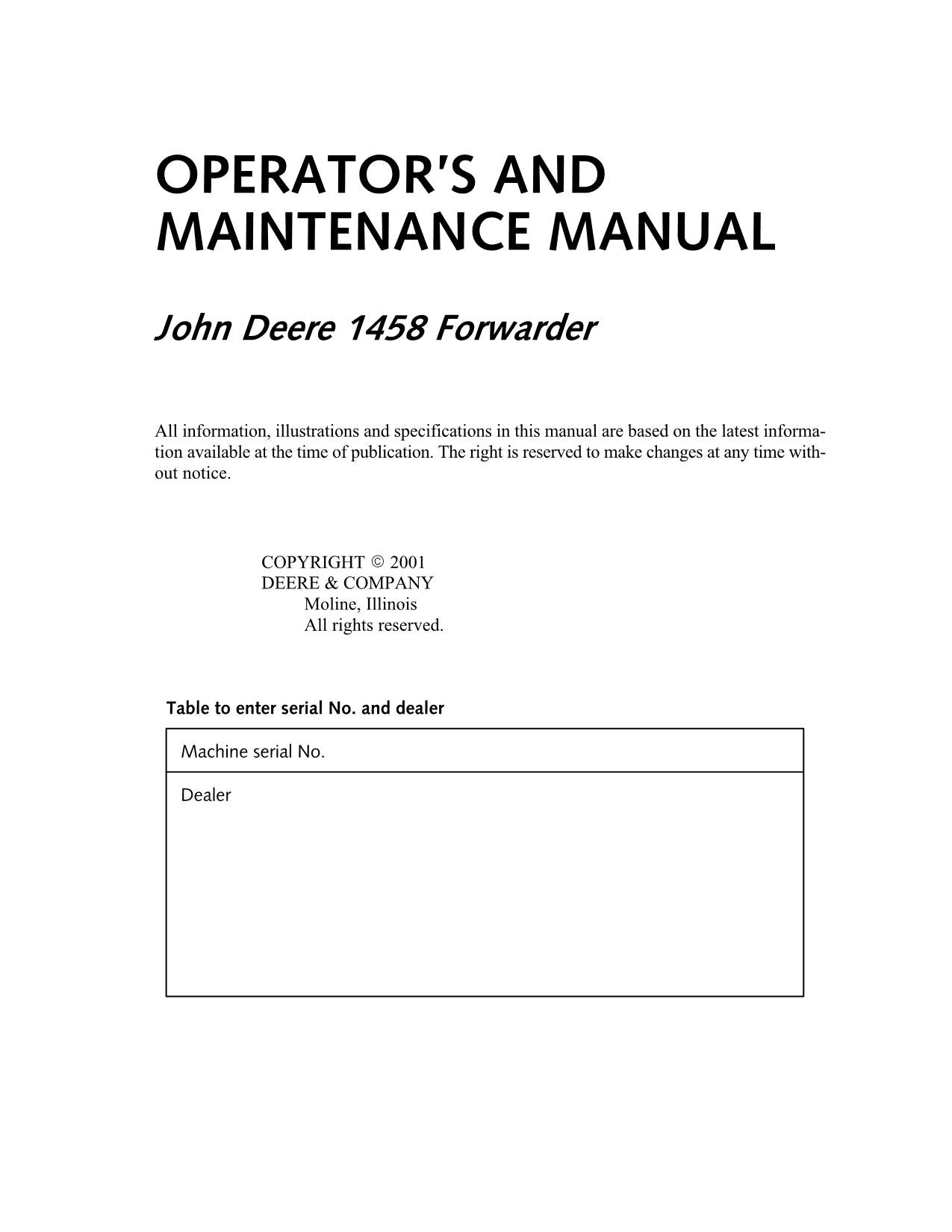 JOHN DEERE 1058 FORWARDER OPERATORS MANUAL #1